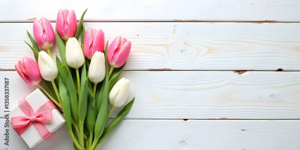 Springtime pink tulips arranged on white rustic wooden boards, perfect for a Mother's Day or holiday celebration. A beautiful and fresh floral display