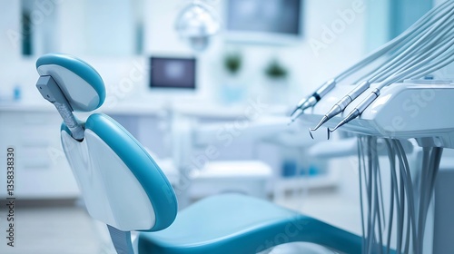 Clean bright clinic room with a professional consultation in progress dental chair in focus white background
