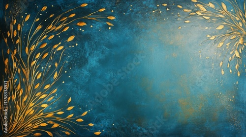 Abstract Blue and Gold Texture Background with Leaf Design
