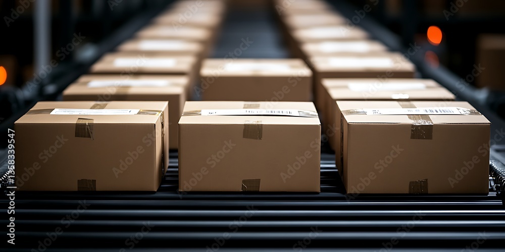 Cardboard boxes are transported along a warehouse conveyor system Cardboard boxes are transported along a warehouse conveyor system