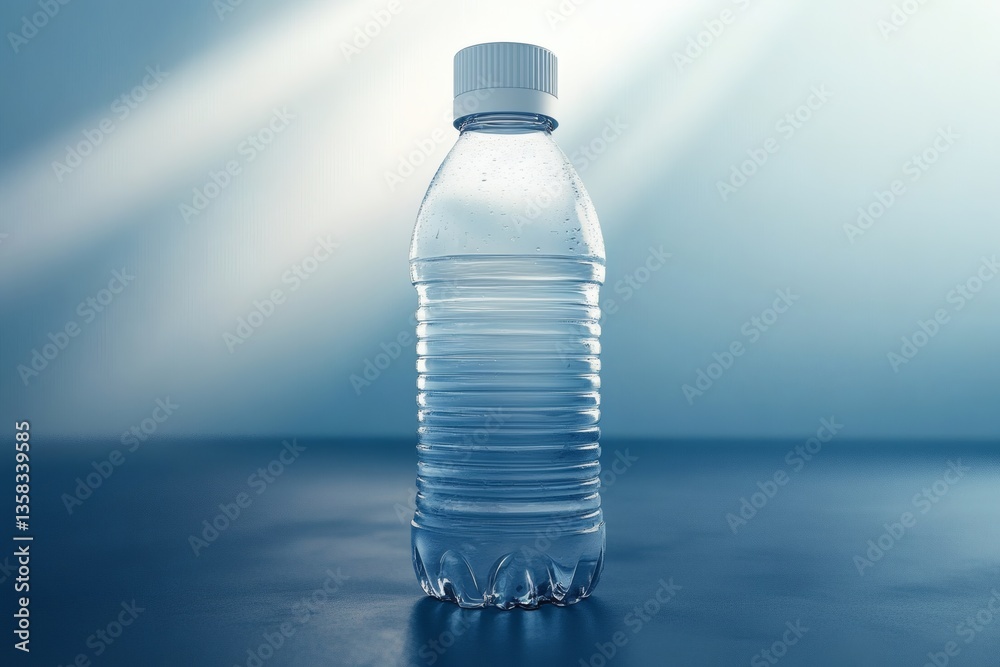 Plastic Water Bottle Refreshment: Clean Hydration on Serene Blue Background Plastic Water Bottle Refreshment: Clean Hydration on Serene Blue Background