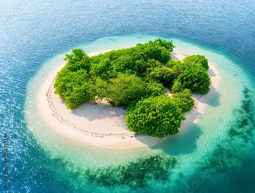 An aerial view reveals a small tropical island surrounded by water