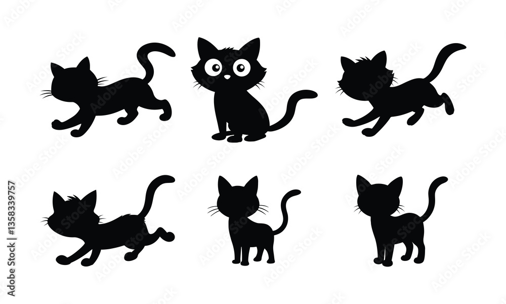 vector isolated silhouette cat set, Collection of cat silhouettes in various poses isolated on background