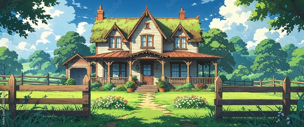 Fototapeta premium cartoon Rustic Victorian countryside house with wooden fence and flower beds anime illustration art design