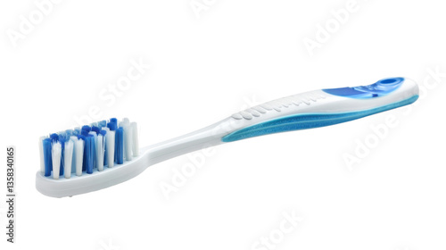 Blue and white plastic toothbrush on transparent background promoting oral hygiene photo