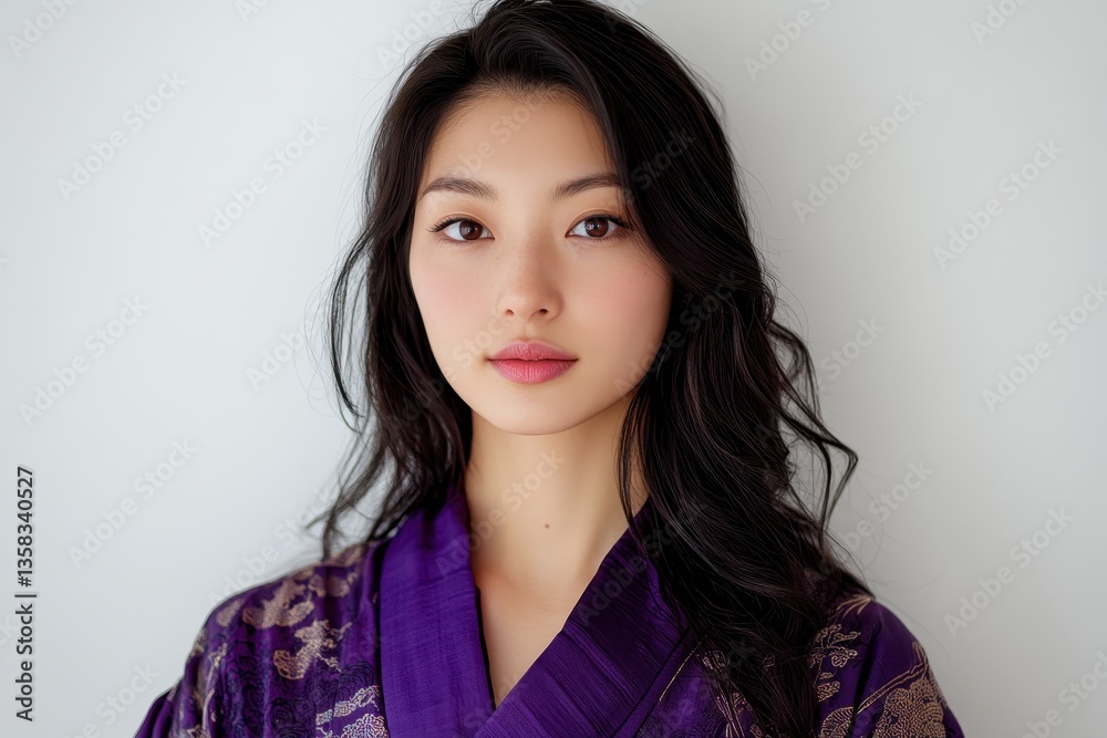 Image of a young Asian woman in a purple kimono against a white backdrop Image of a young Asian woman in a purple kimono against a white backdrop