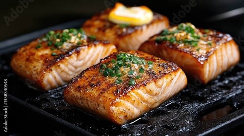 Delicious grilled salmon fillets with lemon slices and herbs.  Perfectly cooked, seasoned fish on a hot grill