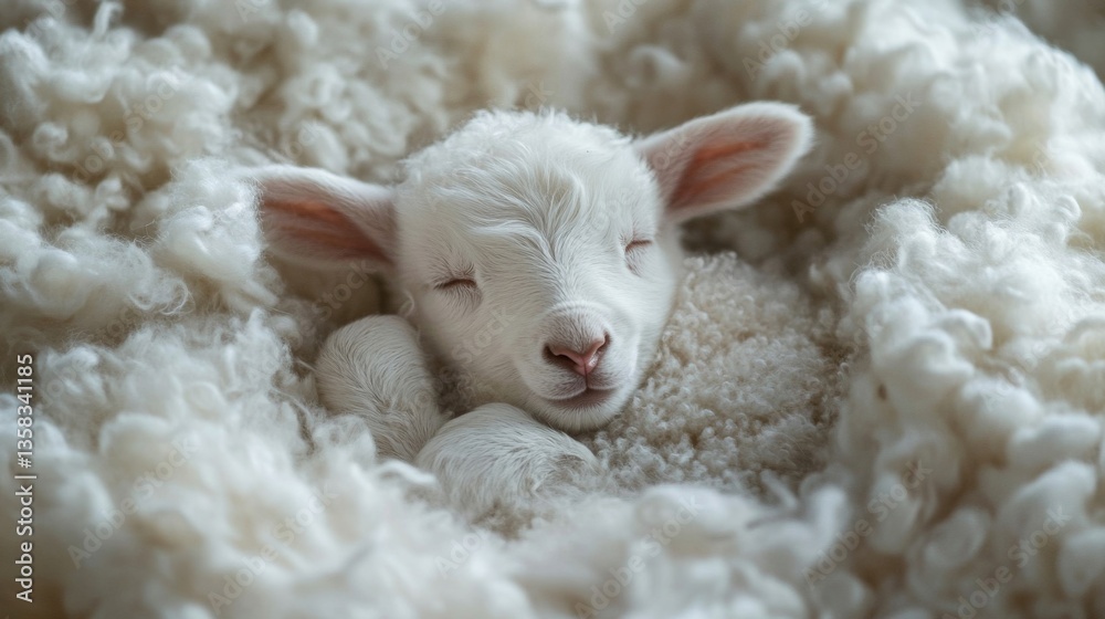 Fototapeta premium Adorable Fluffy Lamb Sleeping in White Wool