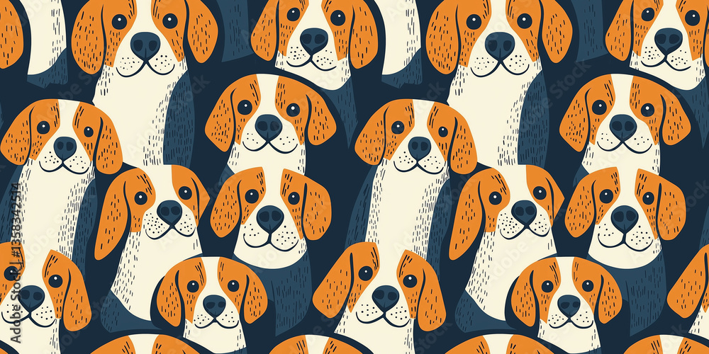Fototapeta premium Seamless beagle dog pattern with smiling cartoon heads in orange and cream on dark background, playful pet breed design for fabric and wrapping paper