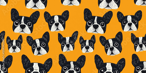 Seamless French bulldog pattern with stylized black and white cartoon heads on orange background, bold pet design for textiles and trendy dog-themed decor