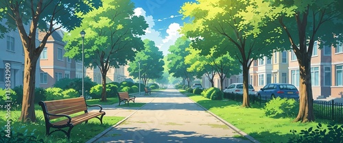 cartoon Serene city park path adjacent to a quiet residential street anime illustration art design
