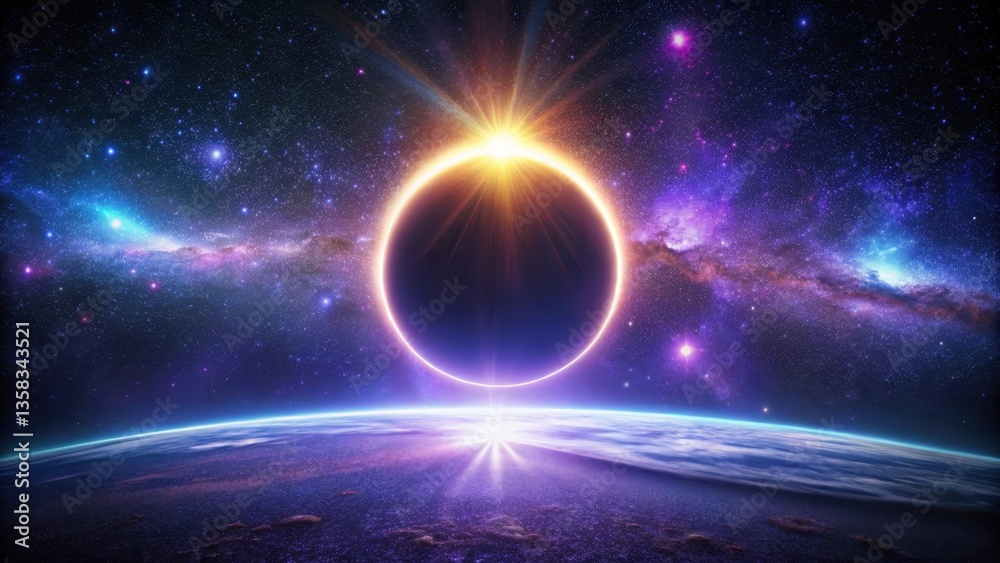 Fototapeta premium A Celestial Alignment An Annular Eclipse over a Distant Planet's Horizon, Illuminated by Cosmic Dust and Glowing Nebulae