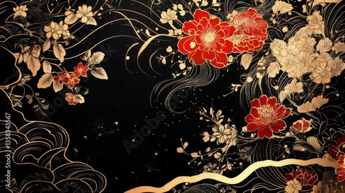 Red And Gold Floral Pattern On Black Background