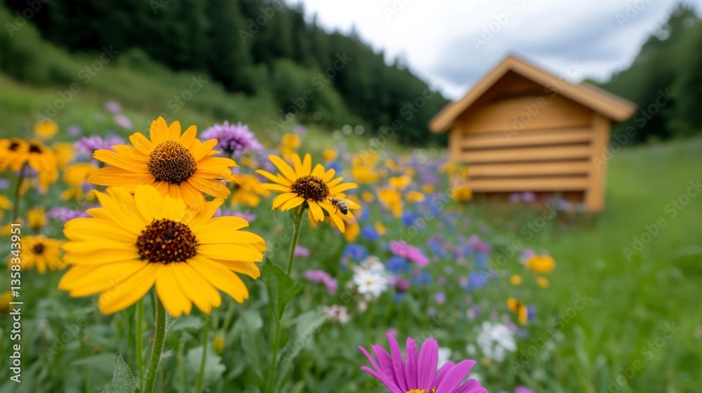 Colorful Wildflowers in Bloom with Rustic Cabin in Background Colorful Wildflowers in Bloom with Rustic Cabin in Background