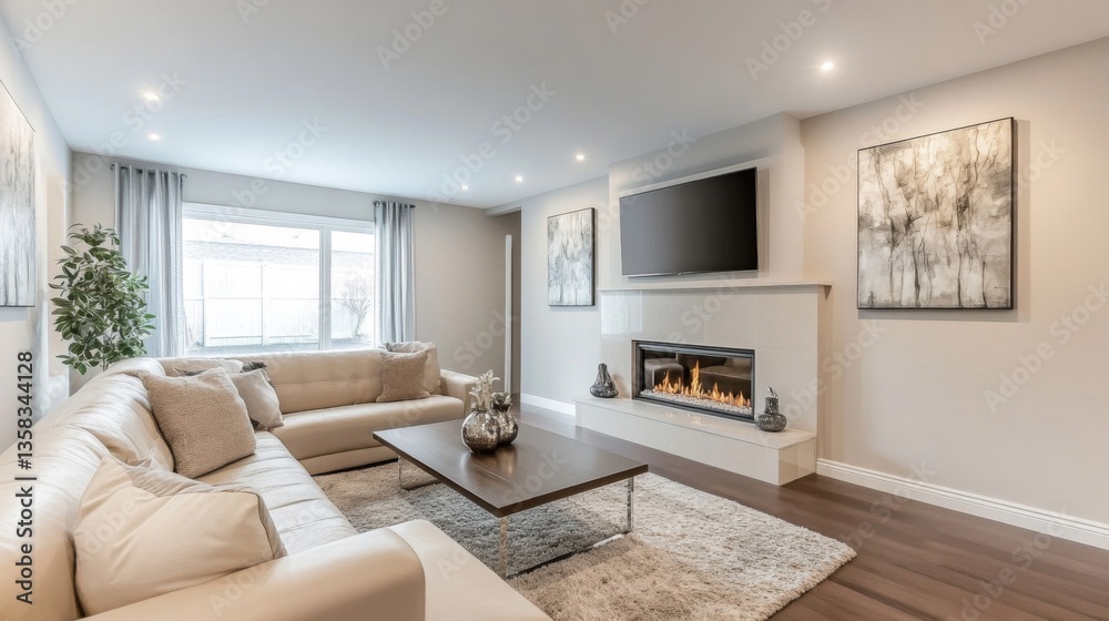 Fototapeta premium Modern Beige Living Room Interior Design with Fireplace