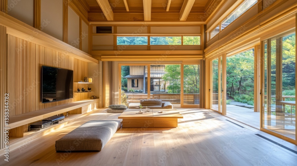 Fototapeta premium Bright Sunlight in Modern Japanese Wooden House Interior
