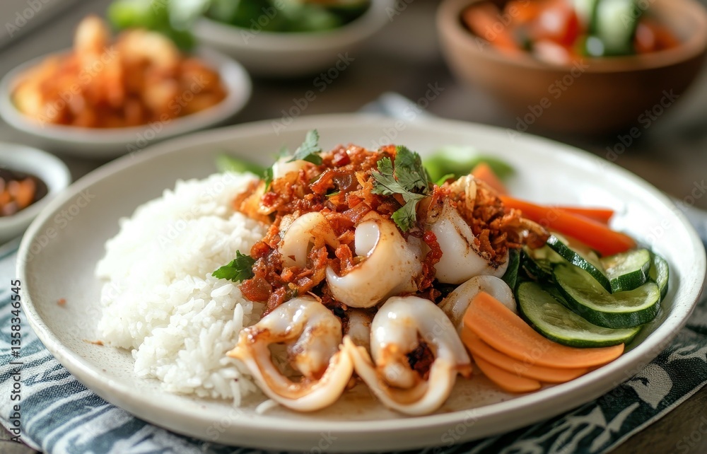 Stir fried squid served with rice and fresh vegetables Stir fried squid served with rice and fresh vegetables