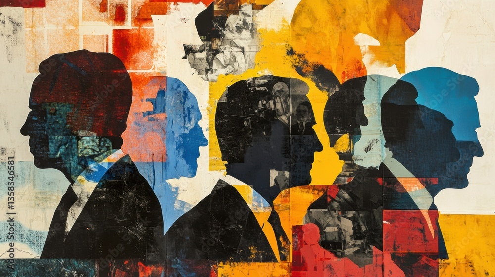 Fototapeta premium Modern artistic collage showcasing silhouettes of world leaders with abstract patterns and deep political colors Generative AI
