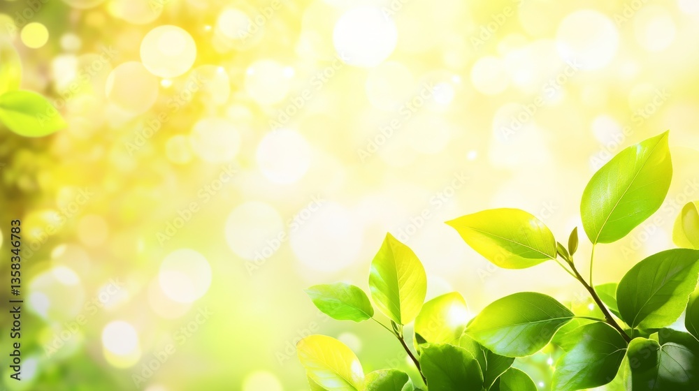 Naklejka premium Fresh green spring leaves on young tree branches with soft natural light. Close-up of tender buds and vibrant foliage in a blurred forest background. Bright and warm nature concept.