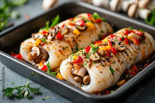 Stuffed squid with mushrooms and peppers Grilled seafood blank space