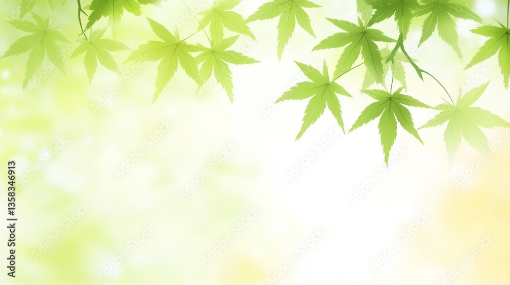 Naklejka premium Fresh green spring leaves on young tree branches with soft natural light. Close-up of tender buds and vibrant foliage in a blurred forest background. Bright and warm nature concept.