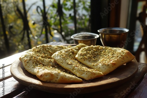 Zaatar manakish stack classic Lebanese morning meal photo