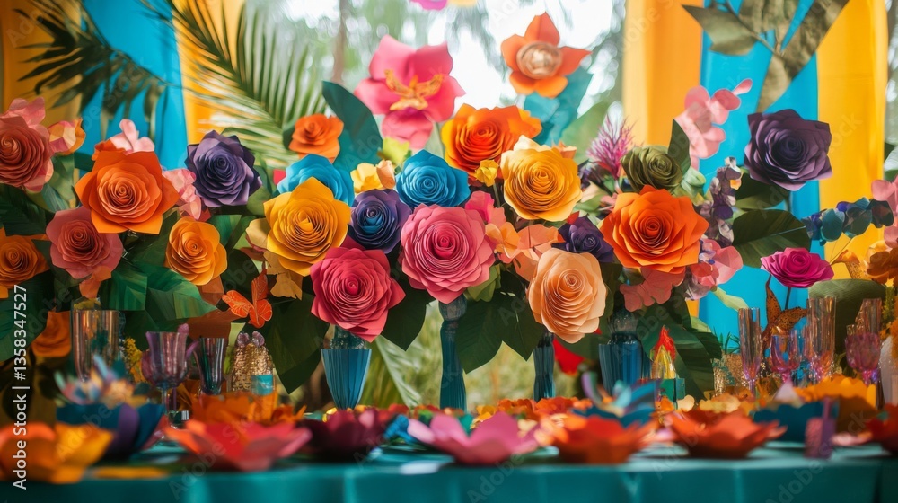 Vibrant Paper Flower Centerpiece with Tropical Theme Vibrant Paper Flower Centerpiece with Tropical Theme