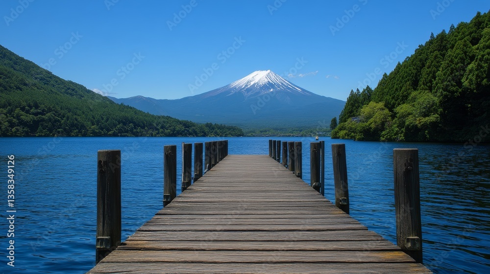 Naklejka premium Scenic view of a tranquil lake with majestic Mount Fuji in the background. Stunning natural landscape with calm water, clear sky, and iconic mountain reflection. Famous travel destination in Japan.
