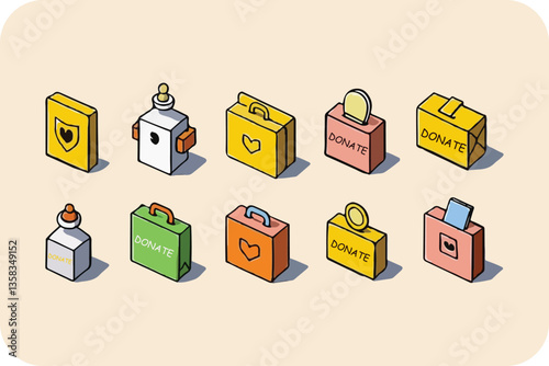 Isometric Donation Boxes and Charity Items on Light Beige Background