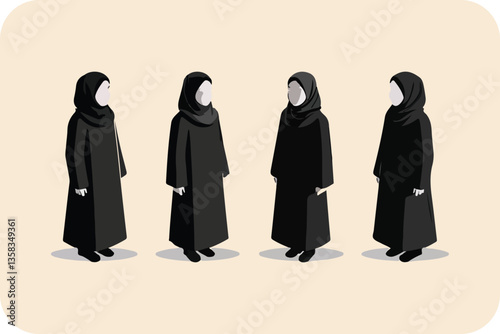 Isometric Women in Black Abayas on Light Beige Background