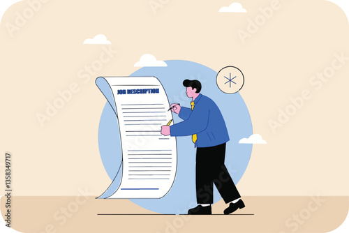 Man Reviewing Job Description Document on Light Beige Background with Clouds