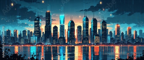 cartoon Cyberpunk city skyline with illuminated skyscrapers and digital rain effects anime illustration art design