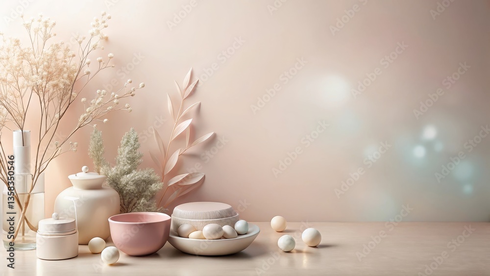 Fototapeta premium Serene Minimalist Still Life with Pastel Ceramics and Dried Botanicals on a Neutral Background