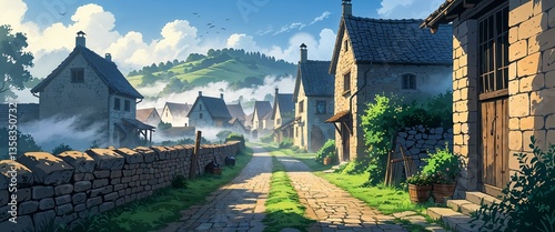 cartoon Early morning fog over medieval stone village with narrow cobblestone streets anime illustration art design