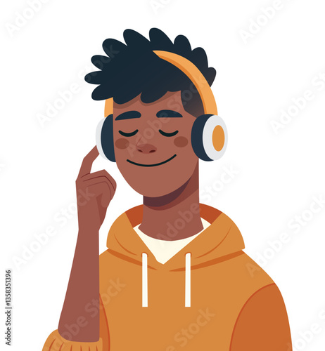 An African young man listens to music with a smile. An African-American man wearing headphones isolated on a white background. Vector illustration