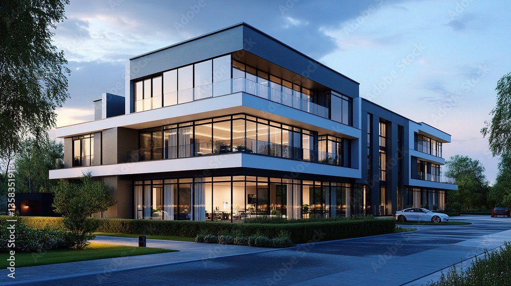 Obraz premium Newly Constructed Office Building in Residential Area at Dusk