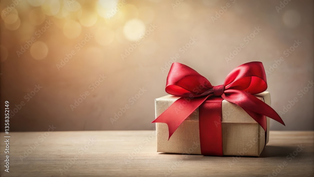 A thoughtfully wrapped gift box with a crimson ribbon, resting on a wooden surface against a softly lit background A thoughtfully wrapped gift box with a crimson ribbon, resting on a wooden surface against a softly lit background