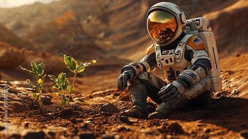 Astronaut planting seedling on alien planet