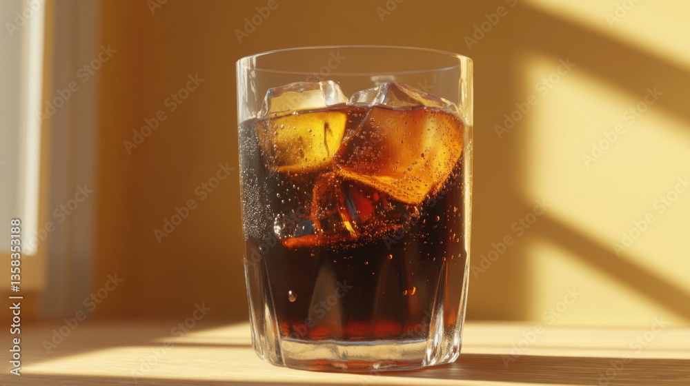 Refreshing Brown Cola Drink with Ice Cubes in Glass Refreshing Brown Cola Drink with Ice Cubes in Glass