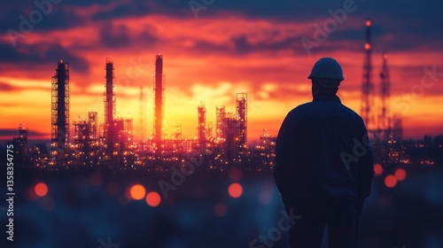 Engineer observes a brightly lit industrial complex at dusk