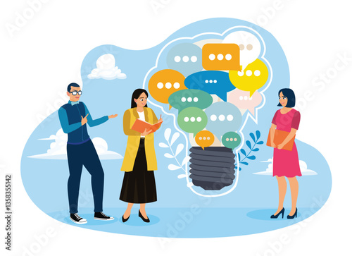 Businessman and businesswoman discuss with light bulb speech bubble.