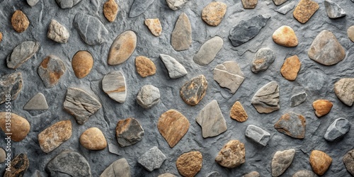 Natural Stone Arrangement A Textured Background of Irregularly Shaped Pebbles and Stones Set Against a Gray Surface