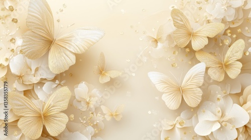Elegant Gold Butterflies and White Flowers on Cream Background