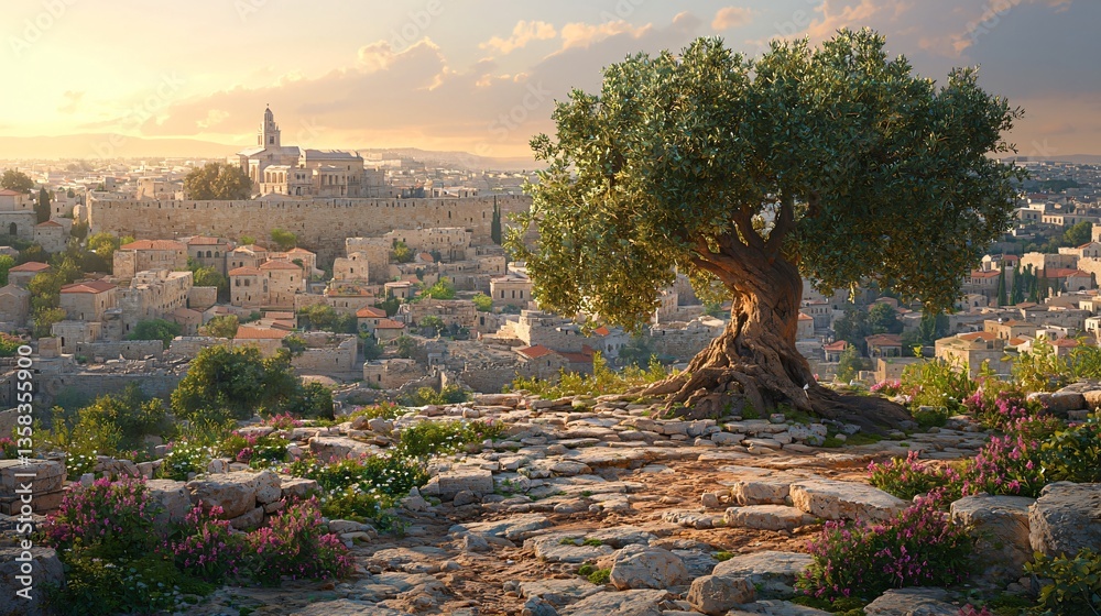 Naklejka premium Ancient city with olive tree