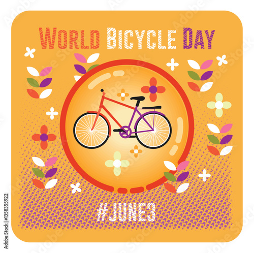 Bright poster celebrating world bicycle day with colorful design and flowers