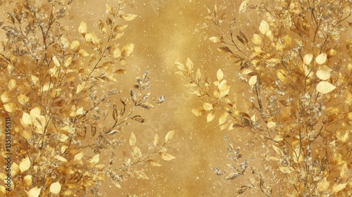 Golden Leaves Pattern on Brown Background