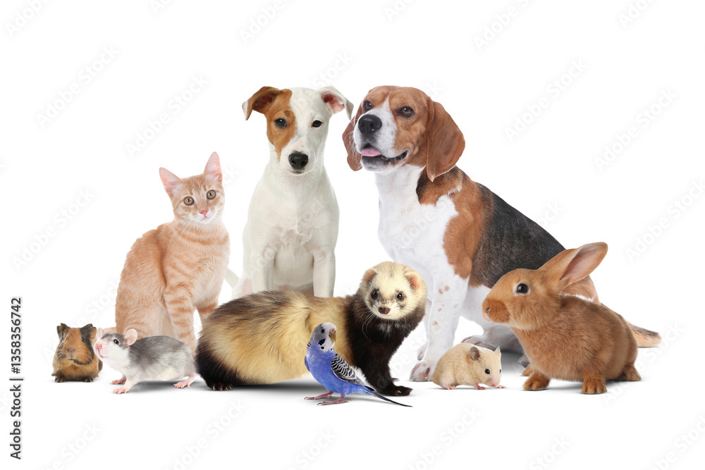 Obraz premium Group of cute domestic pets on white background