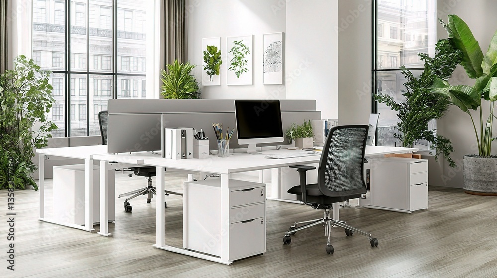 Modern Open Space Office with Large Windows and Stylish Desk Modern Open Space Office with Large Windows and Stylish Desk