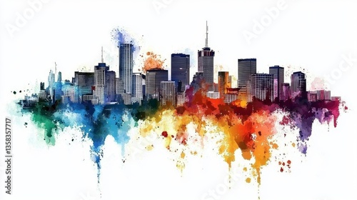Artistic representation of a city skyline in soft watercolor hues.