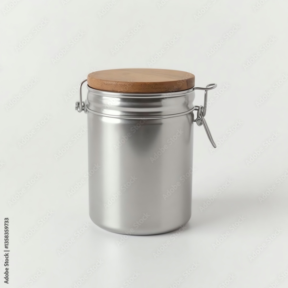 Metal storage canister with a wooden lid, perfect for organizing kitchen essentials. Metal storage canister with a wooden lid, perfect for organizing kitchen essentials.